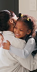 Hug, backpack and mom with child in home with high five for school, learning and education. Happy, morning and mother with girl for greeting, support and ready for academy, development and routine 