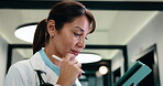 Medical, doctor or thinking on tablet in hallway for pathology report, admission request or EHR. Physician, mature woman and stylus for digital records, health insight and clinic prescription renewal