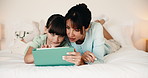Mom, child or relax with tablet on bed for playing online game, digital literacy or relationship. Talking, mother and girl kid with tech in home to solve internet puzzle, growth support or connection