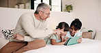 Bedroom, parents and child on tablet for learning, teaching and educational app in home. Father, mother and kid with family support, help and love for reading, ebook and storytelling with scroll