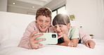 Siblings, happy and selfie of children in bedroom for social media, memory and smile for online post. Family, home and boy with girl with picture, photo and embrace for bonding, relax and internet