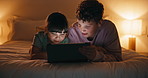 Tablet, relax and kids on bed at night for choice on film, movie or series online in home. Digital technology, bonding and children siblings with decision for show on app with subscription in bedroom