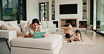 Happy, woman and chill with tablet in home, scroll and reading ebook or learn skill with non fiction. Browse, novel and mature person with tech for entertainment, family and think with smile in house