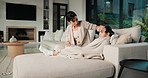 Sick, hug and mother with daughter on sofa for influenza, fever check and monitor temperature. Illness concern, help and infection with woman and child in living room of family home for support