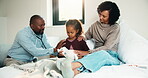 Doctor, talking and mother with daughter in bedroom for consulting, medical advice and virus. Treatment, healthcare and influenza with woman and child with pediatrician in home for disease and help