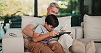 Stylus, tablet and dad with child on sofa for bonding with online games, website and digital drawing. Family, home and father with boy on tech with pen for elearning, internet and relax on weekend