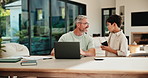 Family, online and dad with laptop in home, accountant and talk with son in lounge or freelance task. Happy, bookkeeper and mature man with tech for tax preparation, remote work and chat with child