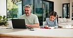 Dad, online and child with homework in home, multitasking or accountant with laptop for remote work. Happy, bookkeeper and mature person with tech for assignment, man and helping girl with project