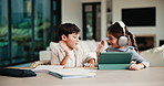 Children, brother and sister with high five for homework with tablet, motivation or elearning in house. Kids, girl and boy with virtual course, books or support for development on tech at apartment