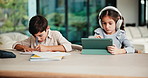 Homework, siblings and kids on tablet in home for online learning, education and lesson. Family, happy and boy with girl with tech, headphones and book for assignment, study and child development