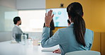 Meeting, presentation and question with back of businesswoman in office for finance idea or opinion. Discussion, hand raised and financial manager with feedback on revenue statistics in workplace