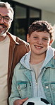 Happy, family and face with kids for real estate, property investment or security together. Portrait, dad and mom with children, smile or house for new home, safety or outdoor bonding in backyard