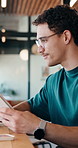 Designer, tablet and cafe with happy man for web development, research or connectivity. Male person, network or remote work with smile on technology for communicaton or creative design in coffee shop