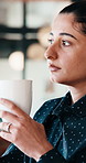 Thinking, coffee and business woman in cafe for solution, reflection and insight for finance career. Restaurant, break and person with drink for inspiration, problem solving and financial decision