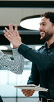 Team, high five and walk with tablet in office, investment banking and happy people with achievement. Business, colleagues and celebration for financial growth with tech, success and collaboration