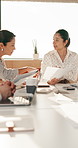 Documents, finance and meeting with business people in boardroom for investment strategy. Collaboration, conversation and paperwork with employee team in financial office for feedback or report