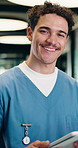 Face, nurse and happy man with tablet for planning, records or medical report in hospital. Healthcare, tech and person smile with online results, telehealth or digital app in portrait for residency