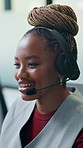 Call center, smile or black woman in agency with headset, help or investment advice in crm service. Happy, aid or finance consultant in firm with mic, online banking or contact us with loan support.
