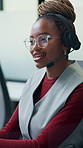 Call center, glasses or black woman in office with headset, help or investment advice in crm service. Eyewear, mic or finance advisor in firm with tech, online banking or contact us with loan support