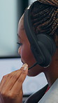 Call center, back or black woman in office with headset, assistance or investment advice in crm service. Telecom, mic or finance advisor with computer, online banking or contact us with loan support
