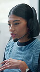Call center, headset and woman with customer support, advice or virtual communication in office. Tech agent, person or consultant talking with contact for help desk, problem solving or web service 