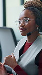 Call center, counting or black woman in agency with headset, telehelp or investment advice in crm service. Mic, review or finance advisor with steps, online banking or contact us with loan support.