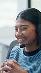 Call center, contact us and woman laugh in office, customer support and communication for help. Hotline, person and  consultant with headset for assistance, funny joke and feedback with advice