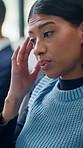 Woman, headache and stress in call center for mistake, telemarketing issue and compliance error. Insurance agent, burnout and fatigue in agency with annoying coworker, oversight or frustrated at work