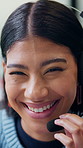 Call center, laugh and face of woman in office for online consulting, contact us and help. Crm, business and portrait of happy person with headset for customer support, virtual assistance and advice