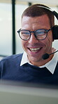 Call center, computer and happy man with online support, advice or customer service in office. Tech, consultant or virtual agent in glasses with e commerce solution, contact or problem solving on web