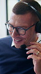 Call center, headset and man for sales, communication or talking of premium benefits in office. Business agent, smile and discussion for customer review, feedback or insurance offer with contact
