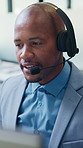 Call center, computer and black man with solution for customer support or communication. Tech agent, consultant or person talking with headset for help desk, crm or problem solving in office