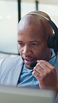 Communication, headset and black man with call center, advice or customer support. Tech agent, discussion and consultant on computer for problem solving, solution or help desk with e commerce
