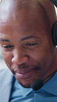 Happy man, headset and talking in call center for telemarketing, finance advice and problem solving. Black person, insurance agent and mic at computer for communication, policy FAQ and outbound calls