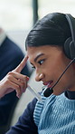 Call center, woman and frustrated with headset for telemarketing, burnout or problem solving. Insurance advisor, stress and tech in office with negative feedback, technical issue or difficult consult