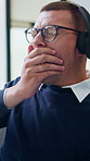 Burnout, yawn or business man in call center for help desk, fatigue or overwork for deadline pressure. Tired, headset and sleepy consultant in office for customer service, bored and exhausted