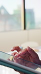 Hands, scroll and nurse in clinic with tablet for research, patient diagnosis or online consulting. Medical professional, woman and digital tech in hospital for telehealth, case report for healthcare