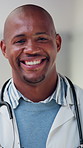 Doctor, face and black man with smile for healthcare, cardiology specialist and career ambition. African person, portrait and mask in hospital for wellness, medical service and pride or about us