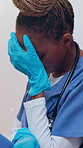 Anxiety, stress and black woman in hospital with fatigue, thinking and exhausted in healthcare. Nurse, tired and medical professional with burnout, mental health crisis and grief or loss in clinic
