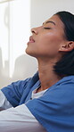 Stress, headache and nurse in hospital with fatigue, thinking and exhausted in healthcare. Woman, anxiety and tired medical professional with burnout, mental health crisis and grief or loss in clinic