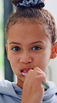 Toothbrush, dental care and face of child in bathroom for hygiene, wellness and clean mouth. Fresh breath, oral health and portrait of girl kid brushing teeth in morning for cavity prevention in home