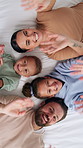 Wave, parents or children in house with face, bonding together or fun time with childcare. Above, portrait or family with gesture, healthy relationship or playful connection for childhood development