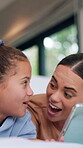 Mother, child and tablet with surprise in house for funny joke, online entertainment or wow game. Happy woman, girl kid or daughter with technology with gamer bonus, shock and mouth open for win