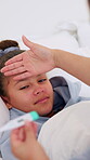 Sick, mom or girl on bed with thermometer, childcare or health monitor with flu symptoms. Fever, mother or daughter in home with forehead touch, parenthood and temperature check in illness assessment