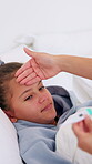 Sick, mom or girl in house with thermometer, childcare or health monitor with flu symptoms. Fever, mother or daughter with forehead touch, parenthood and temperature check in illness assessment.