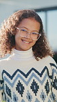 Happy, glasses and face of child outdoor in backyard with positive attitude, break or holiday. Smile, confident and portrait of girl kid by home for relax, development and growth in Colombia.