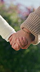 Person, garden and holding hands with child for bonding, support and adventure outdoor. Family, park and parent with love and safety for kid with development, connection and trust in nature together