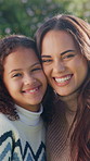 Face, love and happy mother with child in nature for vacation, care and bonding together with parent. Mom, girl and portrait of kid outdoor on holiday, smile and family connection with daughter