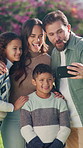 Selfie, garden or children with happy family for picture, capture moment or outdoor memory together. Mom, dad and kids with smile, love or care for picture, app or social media post in park or nature