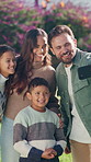Selfie, park or children with happy family for picture, capture moment or outdoor memory together. Mom, dad and kids with smile, love or care for photography or social media post in garden or nature